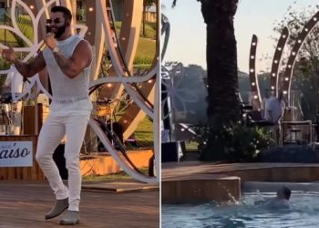 Fã de Gusttavo Lima cai em piscina e quase se afoga durante gravação de DVD na casa do cantor