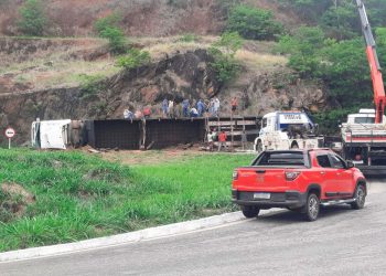 Carreta transportando gado tomba na BR-381