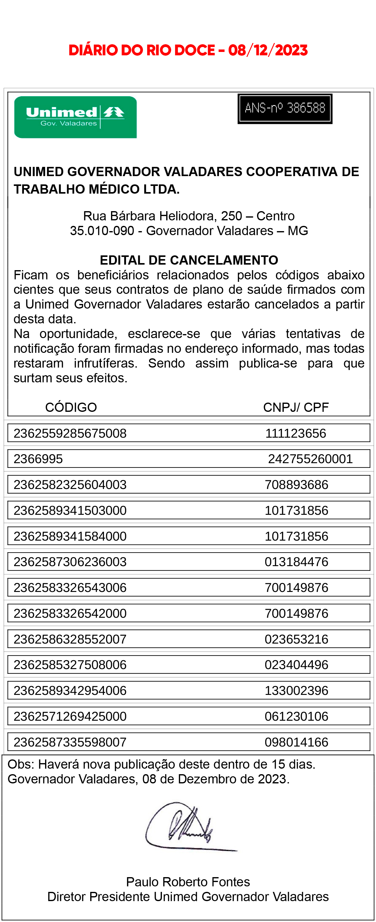 Edital: Unimed do Estado do Paraná notifica portador do CPF-MF nº