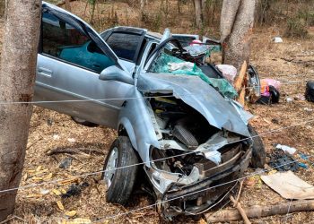 Carro bate em árvore e deixa duas pessoas feridas na BR-381, em Periquito